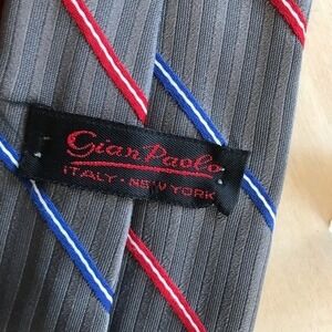 Gian Paulo Italia Gray Striped Neck Tie with Red & Blue Accents